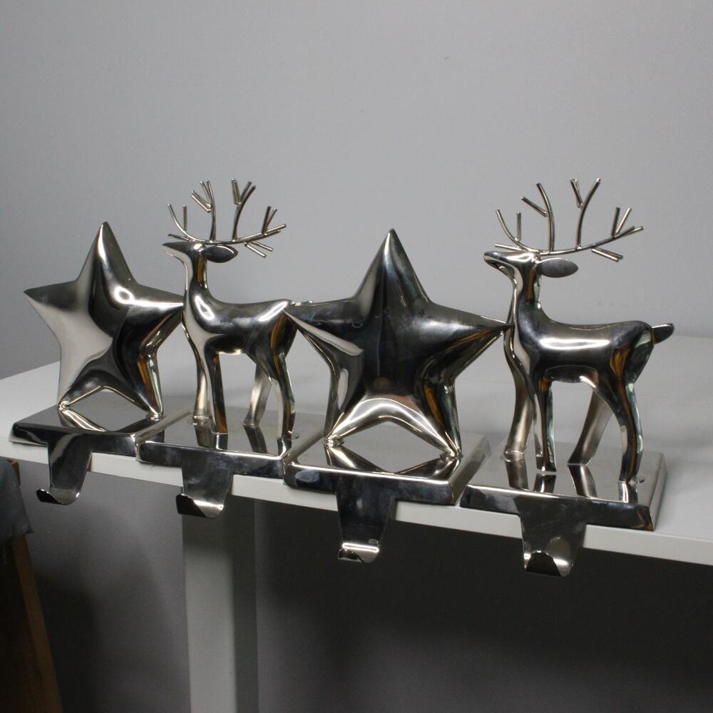 Crate & Barrel Silver Metal Reindeer Star Stocking Hanger Set of 4 Christmas